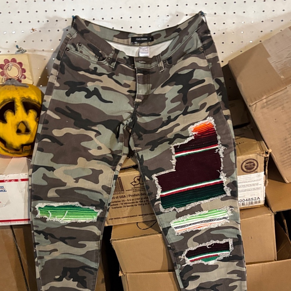 Camo Skinny Jeans with Colorful Patches